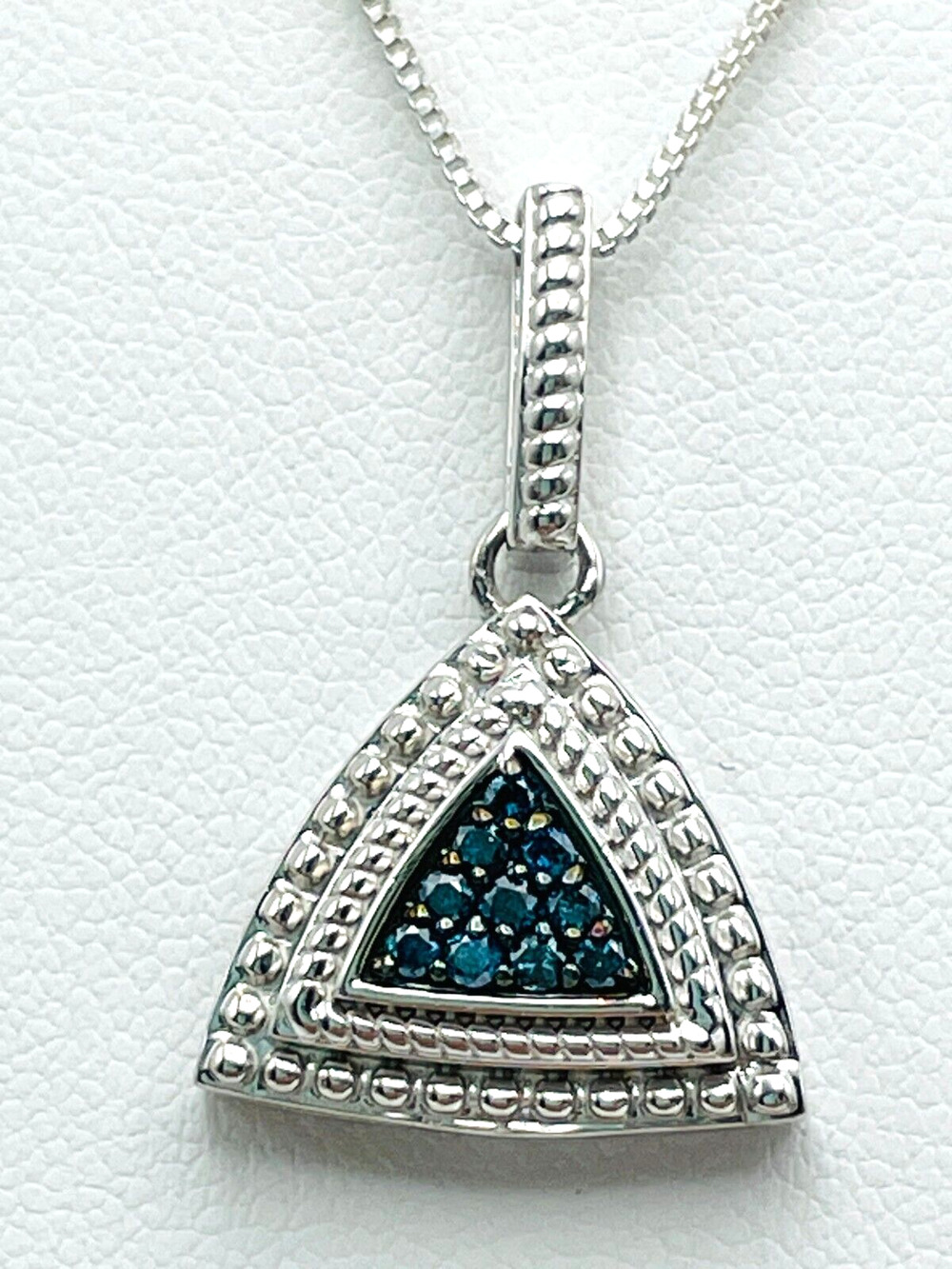 SJ 925 Sterling Silver Blue Diamonds Pendant Necklace 18" Box Chain .15 CTW